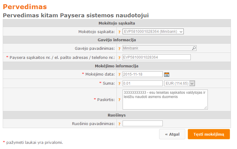 Paysera registracijos mokėjimo pavyzdys
